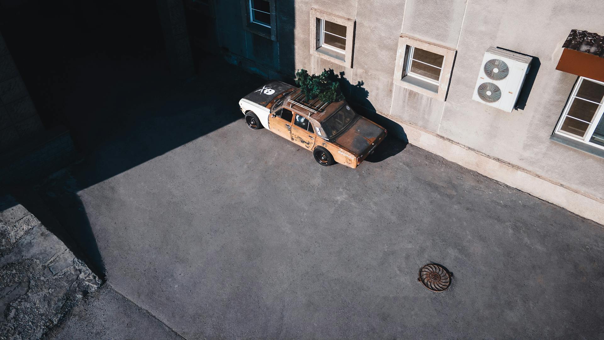 Top View of a Junked Car with Plants on Top