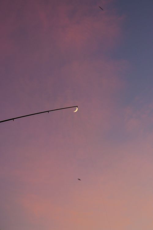 Free Fishing rod silhouette with crescent moon in a vibrant twilight sky, reflecting serene outdoor atmosphere. Stock Photo