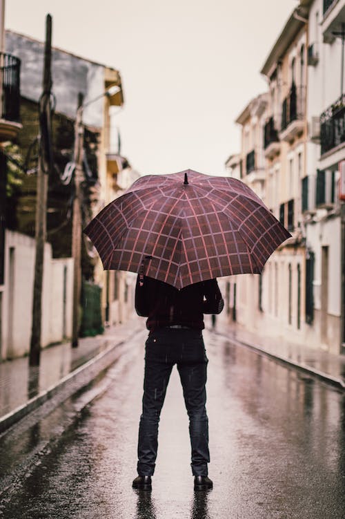 무료 도로에 서있는 우산을 들고 검은 바지를 입고 사람 스톡 사진