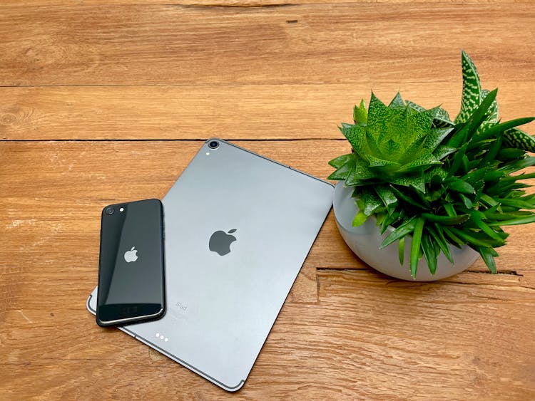 An IPad And IPhone On Wooden Table Beside A Cacti In White Pot