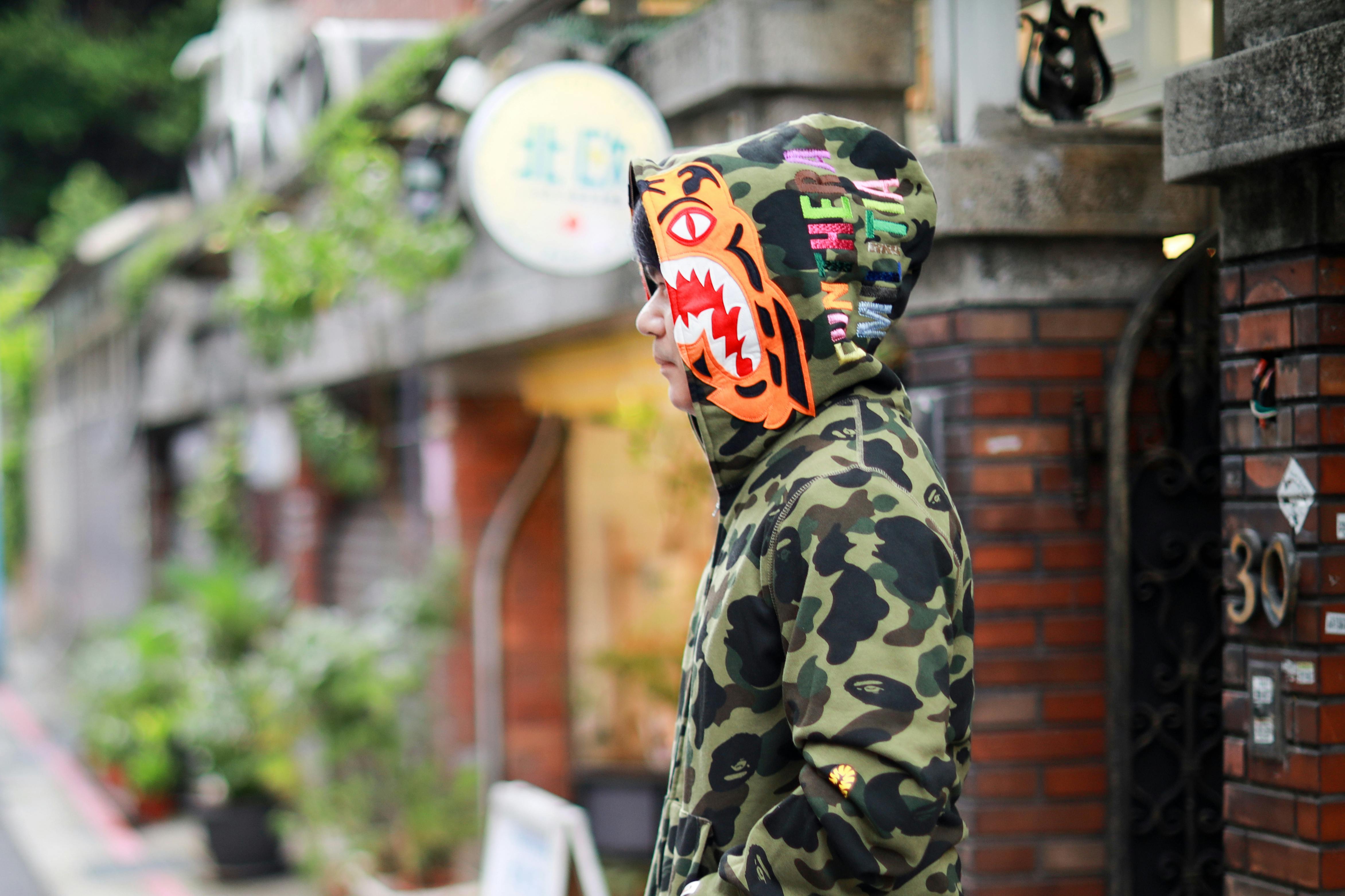 Close-Up Shot of a Person Wearing Bape Shark Hoodie · Free Stock Photo