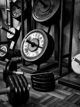 Vertical black and white photo of gym weights stacked on racks.