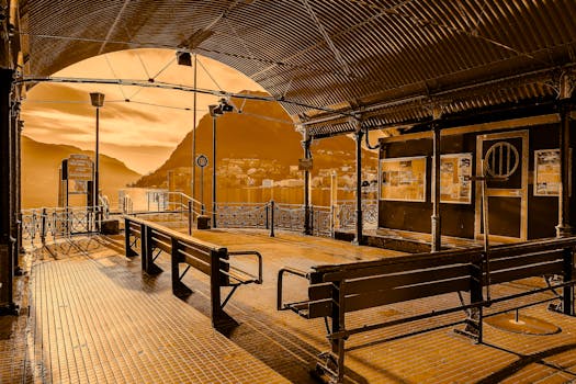 迷人的城市码头，设有长凳，坐拥山景，非常适合旅行和建筑主题的拍摄