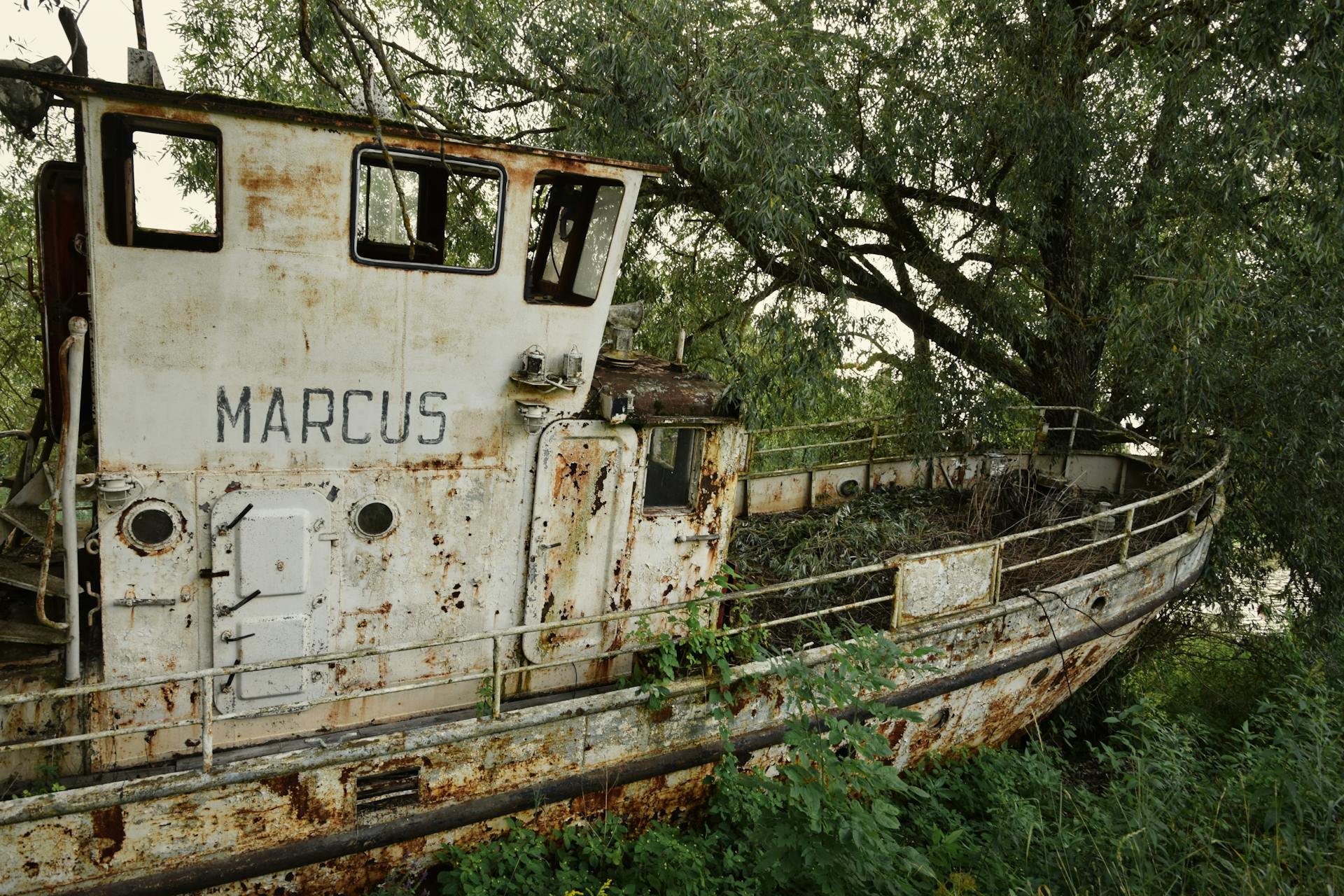 Old, rusted boat named Marcus found abandoned in a dense, overgrown forest area.