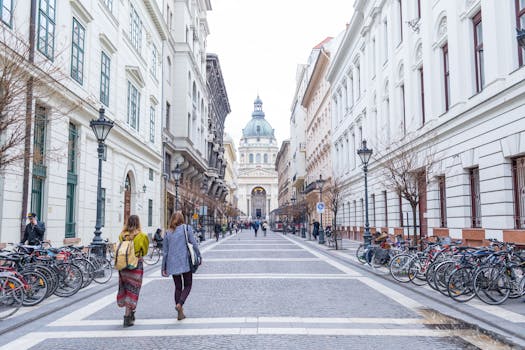 Pedestrian street leading to St. Stephen's Basilica in Budapest, featuring urban architecture.