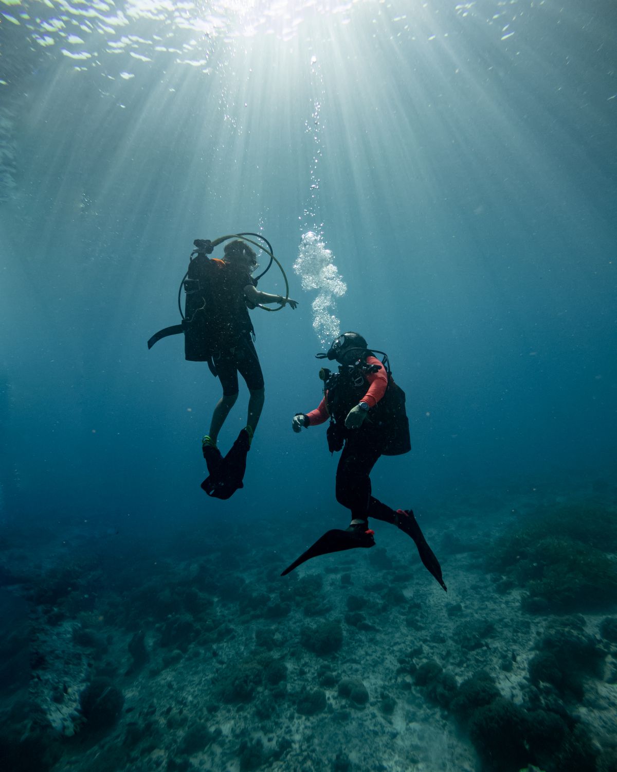 Two scuba divers in sunlight rays in open water