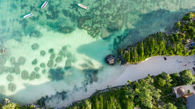 Aerial shot of a serene tropical beach in Mzambarauni, Tanzania with clear waters and distant boats.