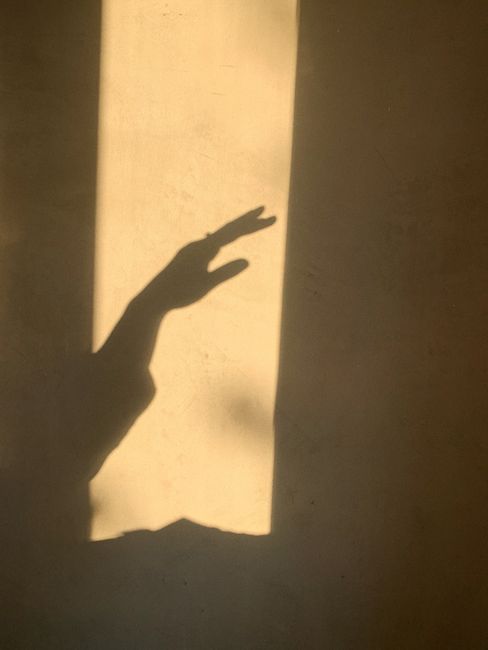 Shadow of a hand reaching out on a warm-toned wall. Minimalist and artistic composition.