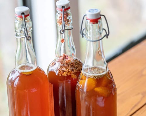 Free stock photo of bottled kombucha, fruit flavoured, home brew