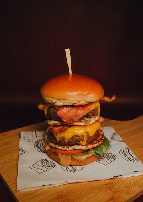 Loaded Hamburger on a Wooden Surface