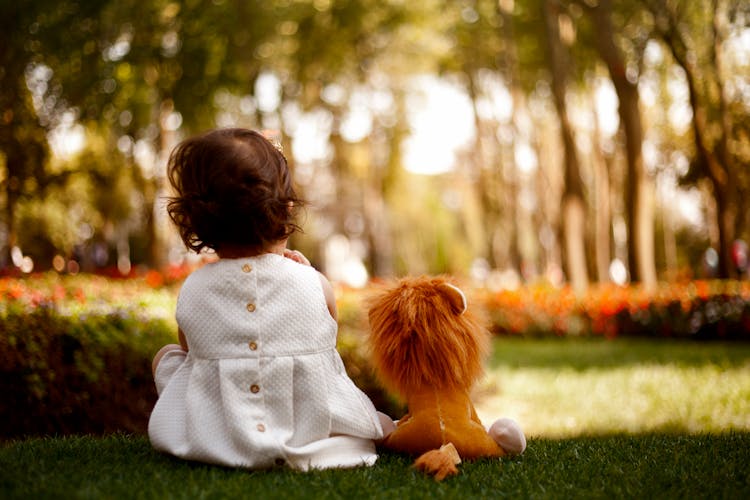 Back View Of A Baby Girl Sitting With Her Toy