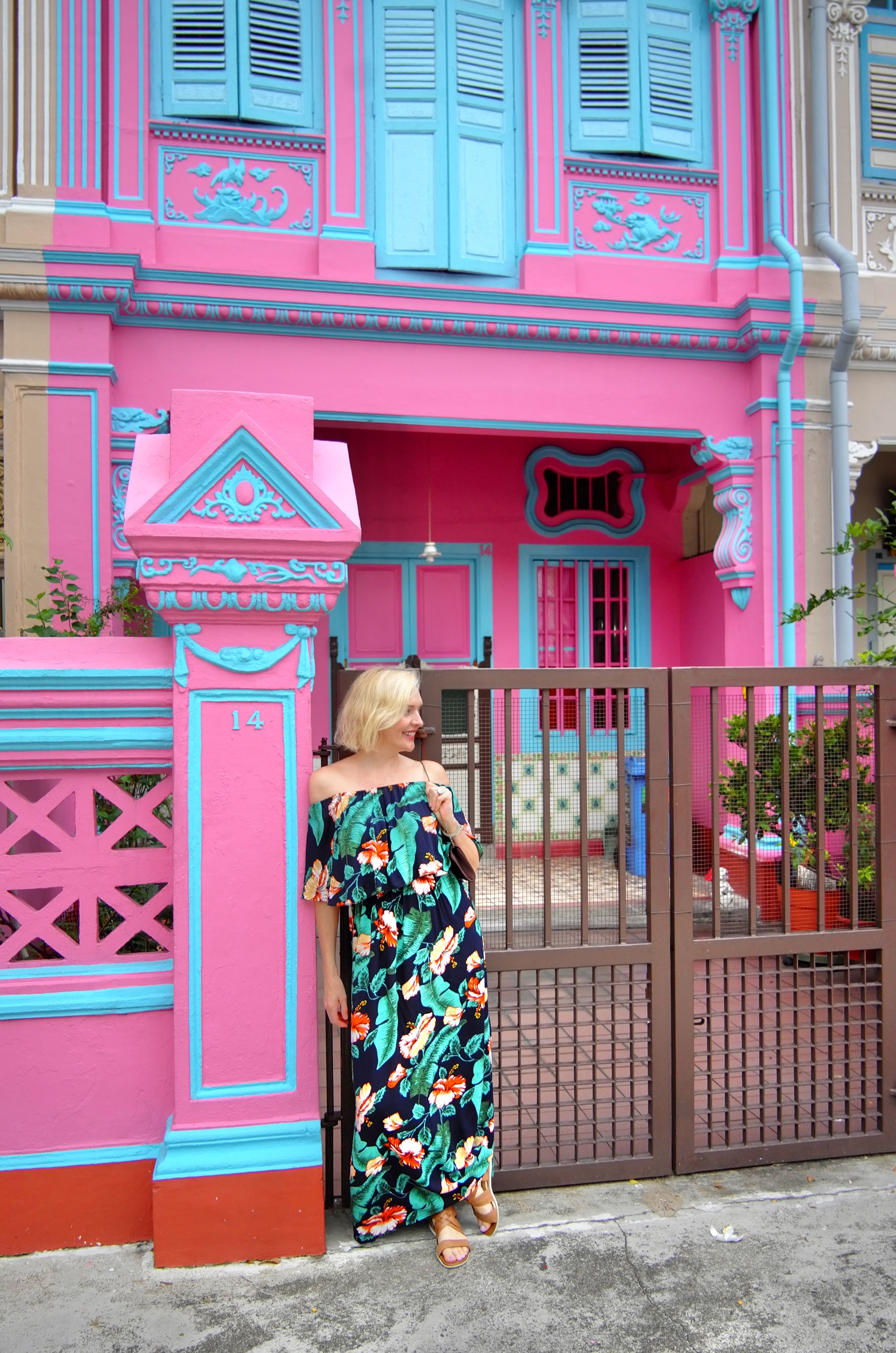 Woman in a Floral Dress Standing Beside Pink Fence · Free Stock Photo