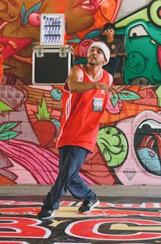 Energetic street dance performance in front of vibrant graffiti wall.