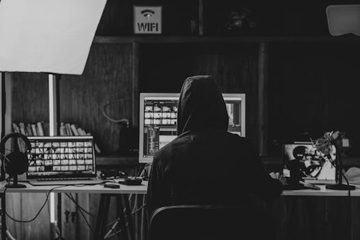 Black and white photo of a person in a hoodie working on computer editing multiple screens.