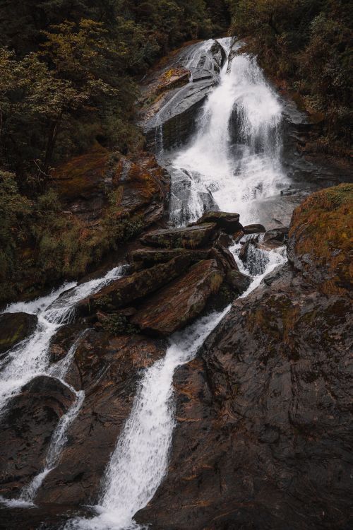 Free A stunning vertical shot of a waterfall cascading over rocks amidst autumn foliage. Stock Photo
