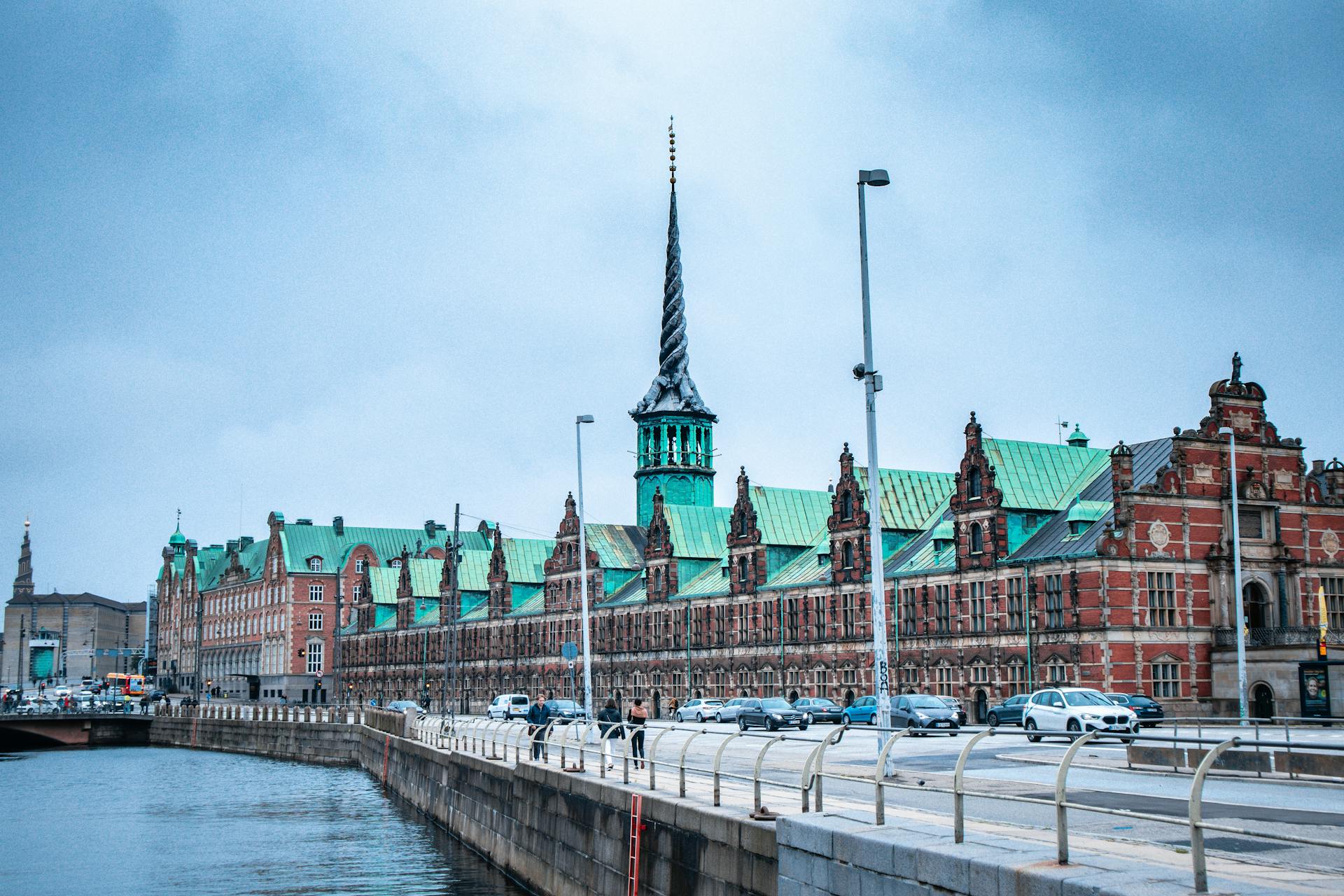 Beautiful view of Børsen, historical stock exchange building along the Copenhagen canal.