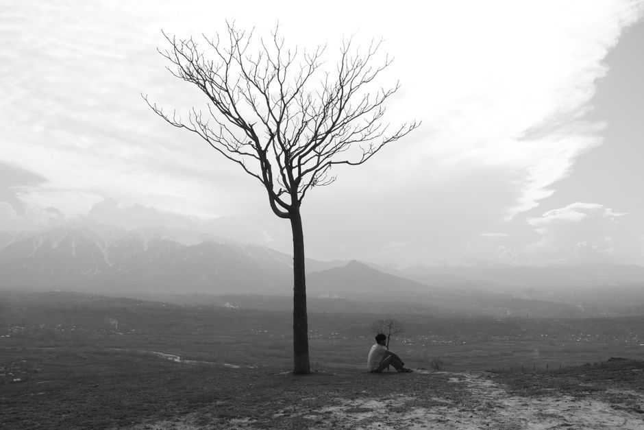 Monochrome image of a solitary person sitting beside a leafless tree, set against a barren landscape with mountains.