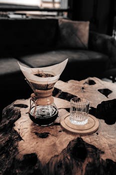 A stylish scene of freshly brewed coffee in a Chemex beside an empty glass on a wooden table.