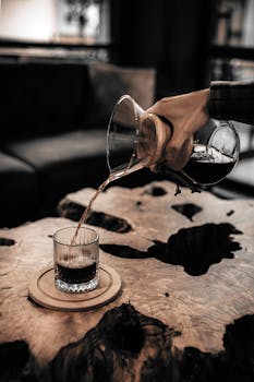 A cozy scene of coffee being poured into a glass on a wooden table.