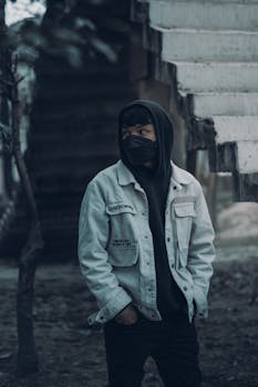 Stylish young adult wearing a denim jacket and face mask in an urban setting.
