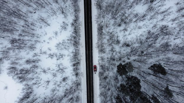 Aerial drone shot of a snow-covered road cutting through a winter forest in Severodvinsk, Russia.