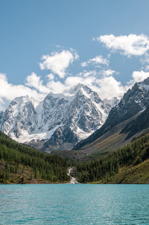 Landscape of Snowcapped Mountains and Lake in Mountain Valley 