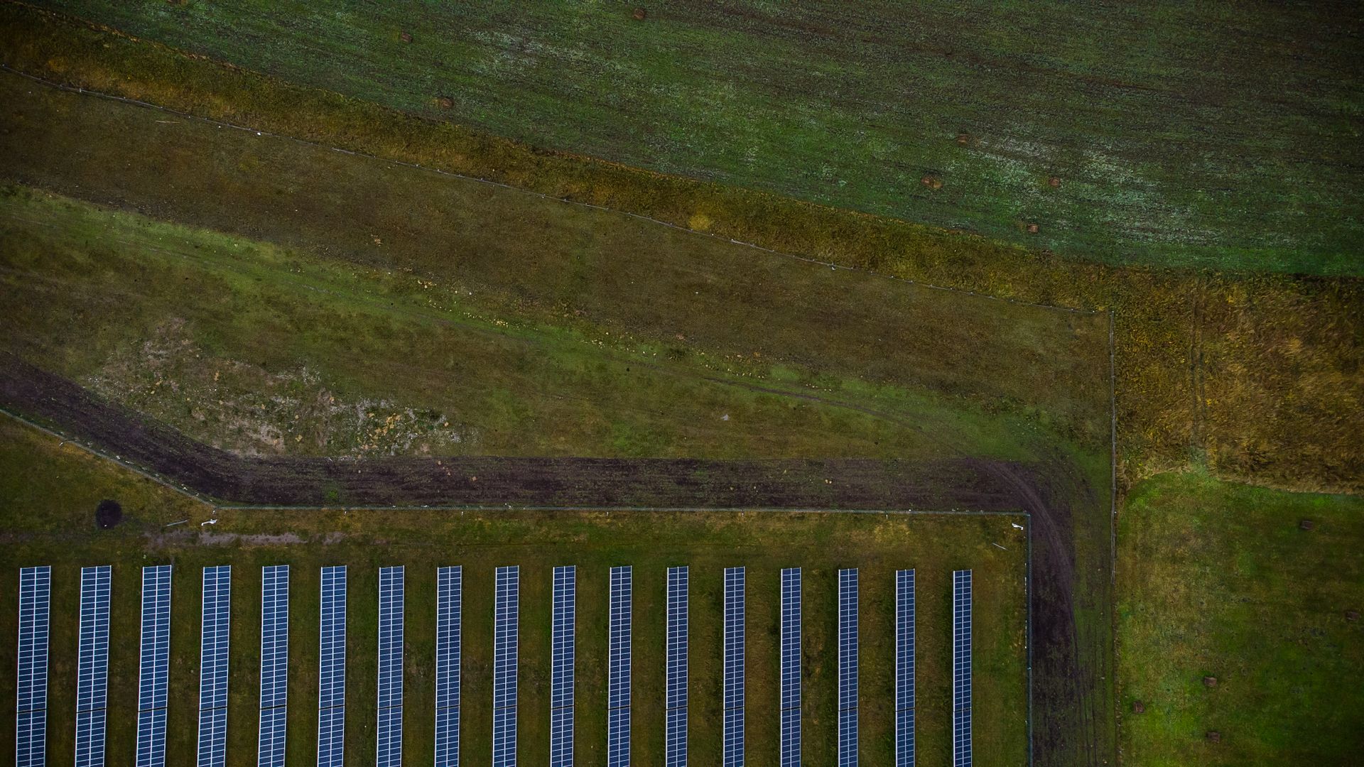 Aerial shot of a solar farm in green fields in Altai, showcasing renewable energy.