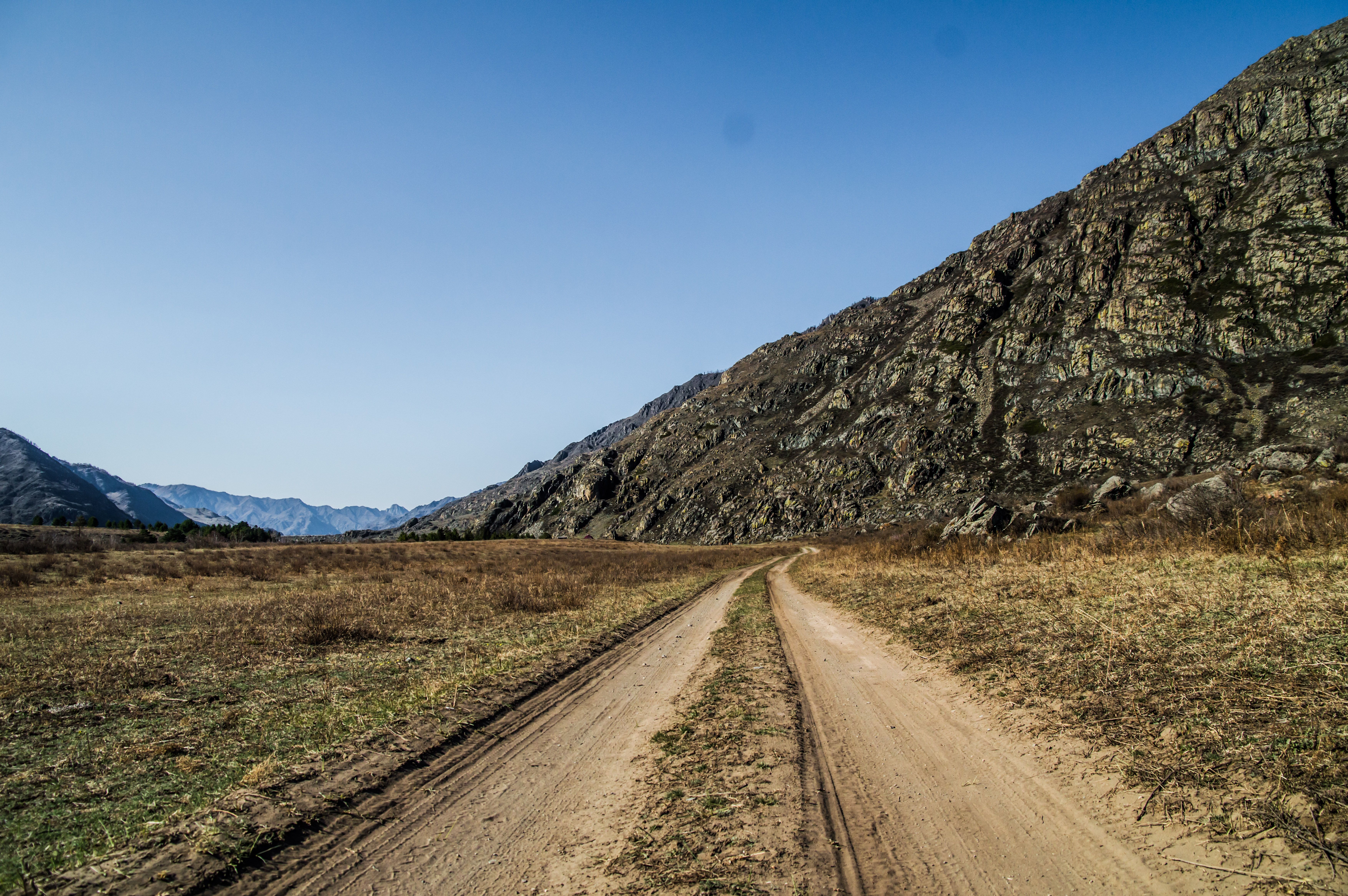 Scenic pathway through the rocky mountains in Altai, Russia, under a clear blue sky.
