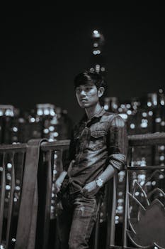 城市灯光下，一名亚洲男子夜间在桥上摆姿势