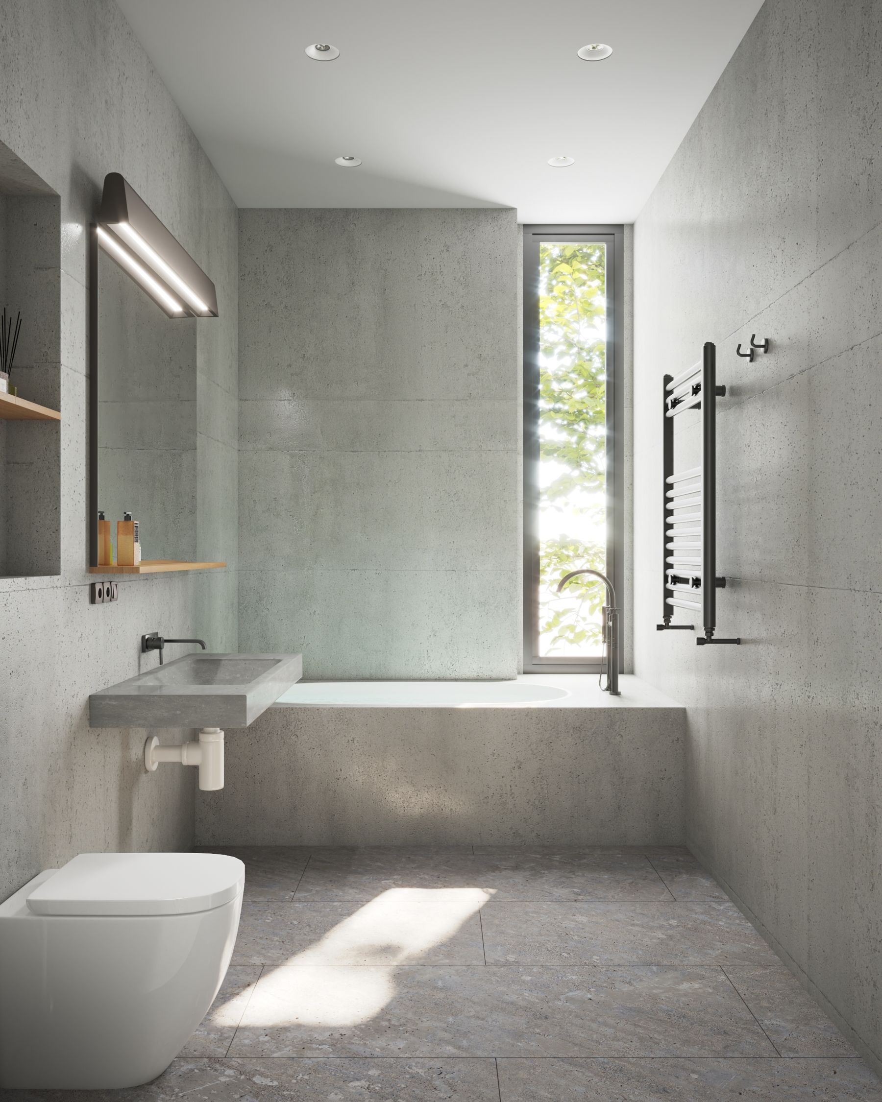 Minimalist bathroom with concrete-like grey walls and natural light