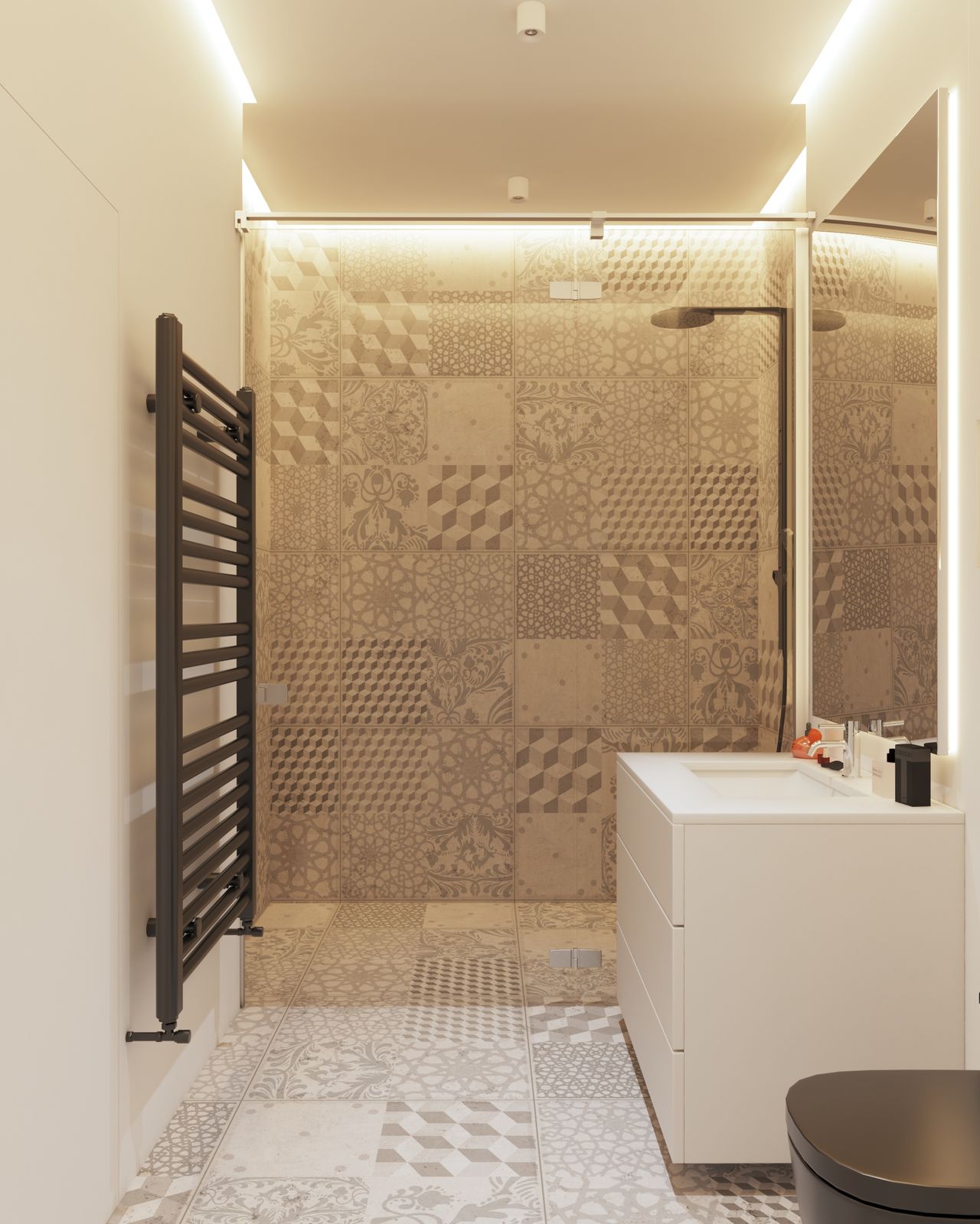 Walk-in shower and floor covered in warm beige patterned tiles with geometric and floral designs in a southwestern style bathroom