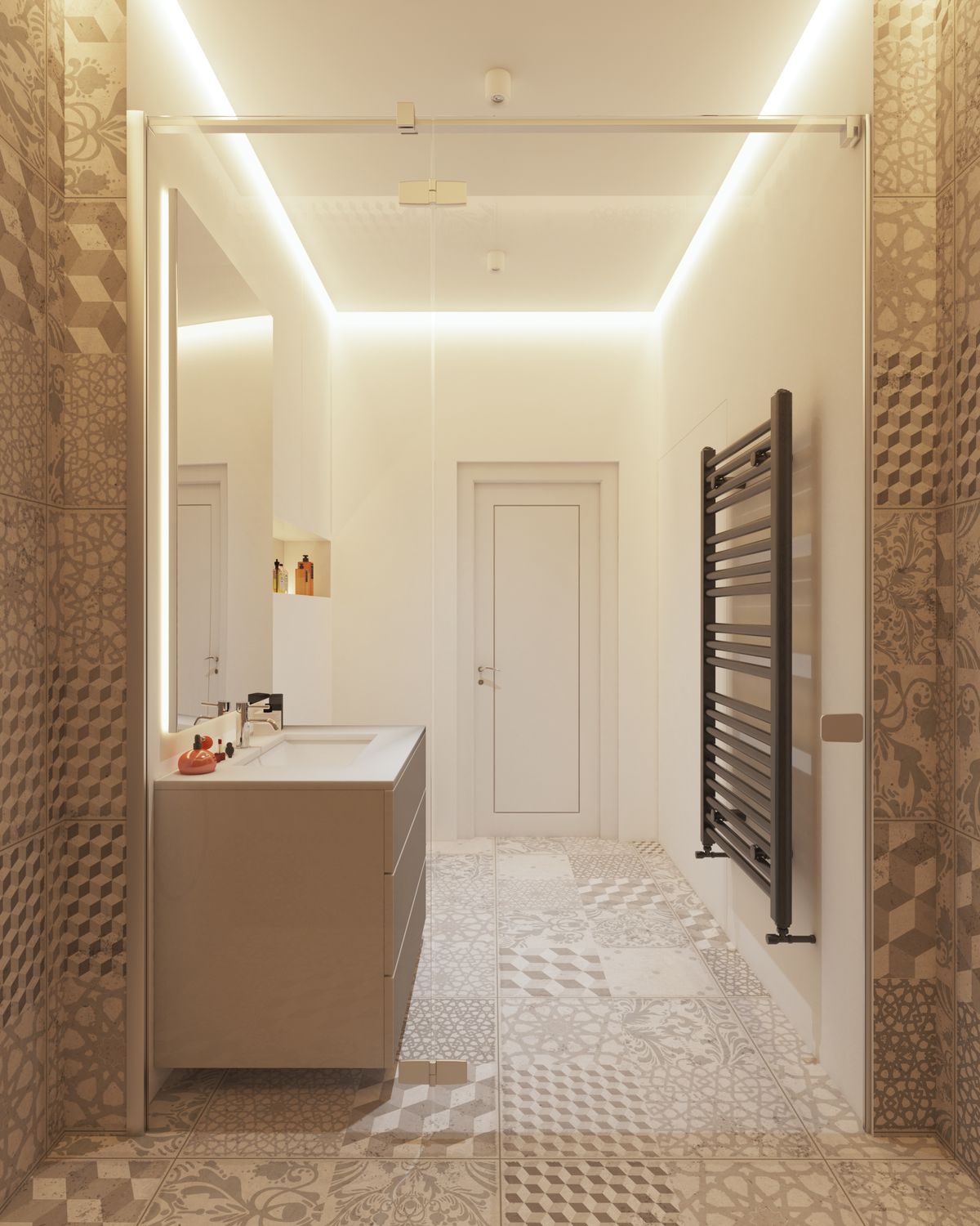 Elegant modern minimalist bathroom with geometric patterns and warm lighting. Stock Photo.