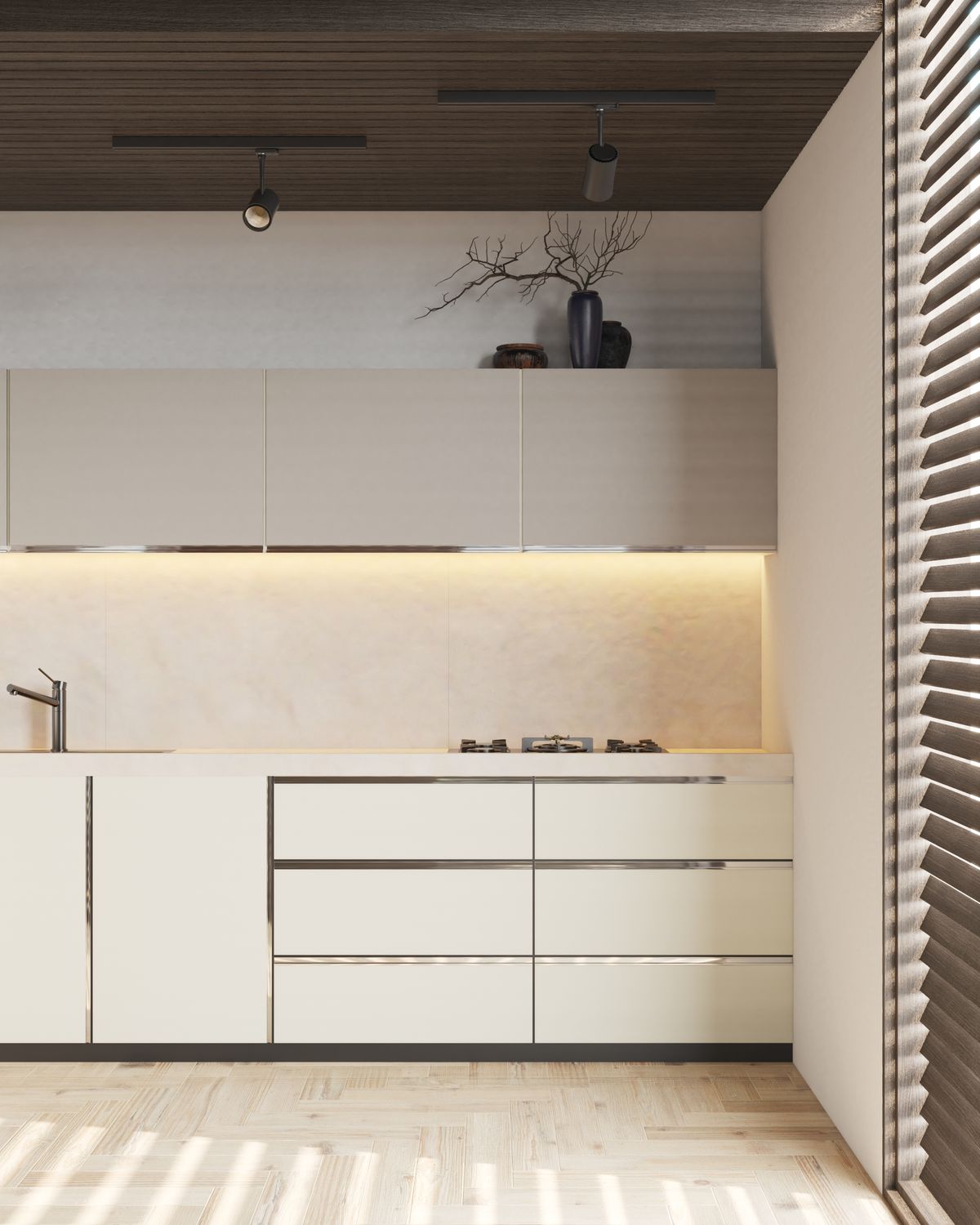 Minimalistische weiße Küchenzeile mit Holzschrank auf gerader Wand