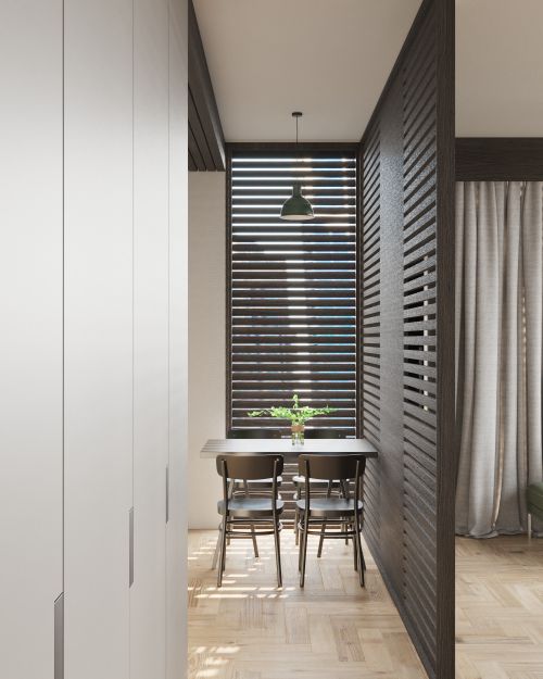 Free Stylish modern dining room with black chairs and wooden table. Stock Photo