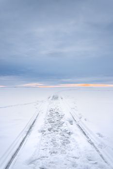 Snowy landscape in Saint Petersburg with a serene blue sky and tire tracks.