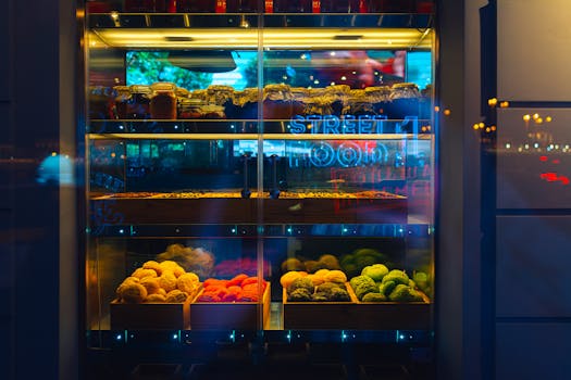 Street food vendor display with colorful pastries and neon lights in Saint Petersburg, Russia during nighttime.
