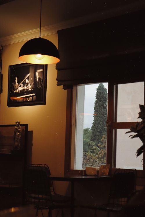 Free Warm, inviting café interior in İzmir featuring vintage decor and a view of the greenery outside. Stock Photo