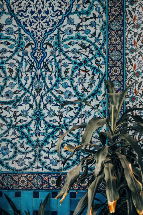 Free A detailed blue patterned tile wall with lush green plant foliage in the foreground. Stock Photo