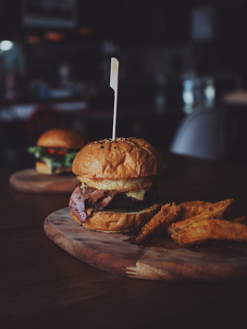 Free Burger on Brown Wooden Tray Stock Photo