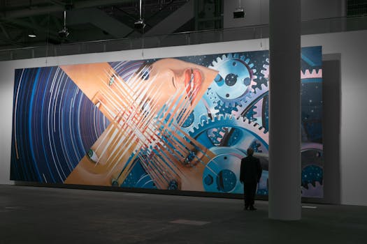 当代画廊中展示着一幅大型未来派艺术品，描绘了齿轮与面孔的组合