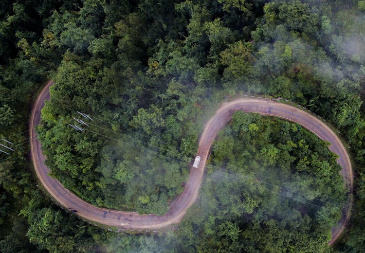 Drone Shot Of A Curved Road