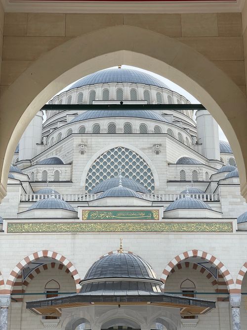 Free A stunning view of Çamlıca Mosque's Islamic architecture, showcasing its intricate domes and archways. Stock Photo