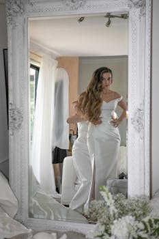 A beautiful bride in Sydney adjusts her dress elegantly in front of an ornate mirror.