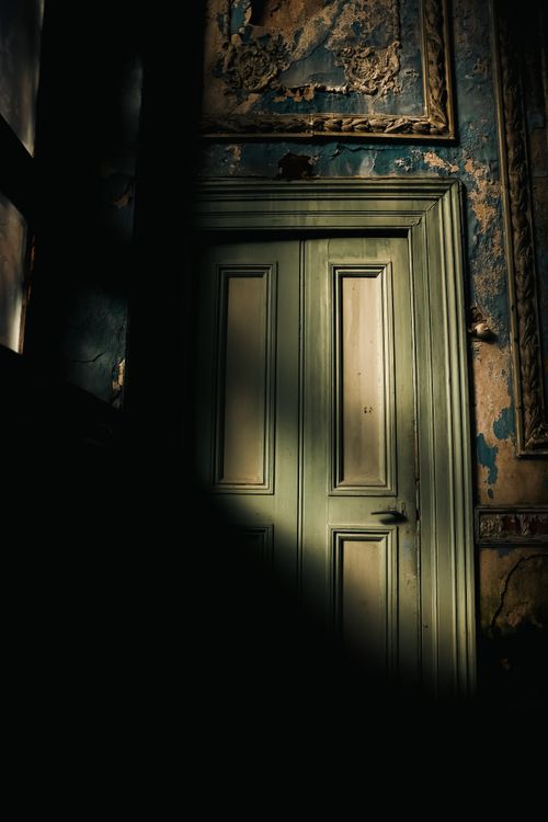 Free Moody image of a green wooden door with peeling paint inside an abandoned building. Stock Photo