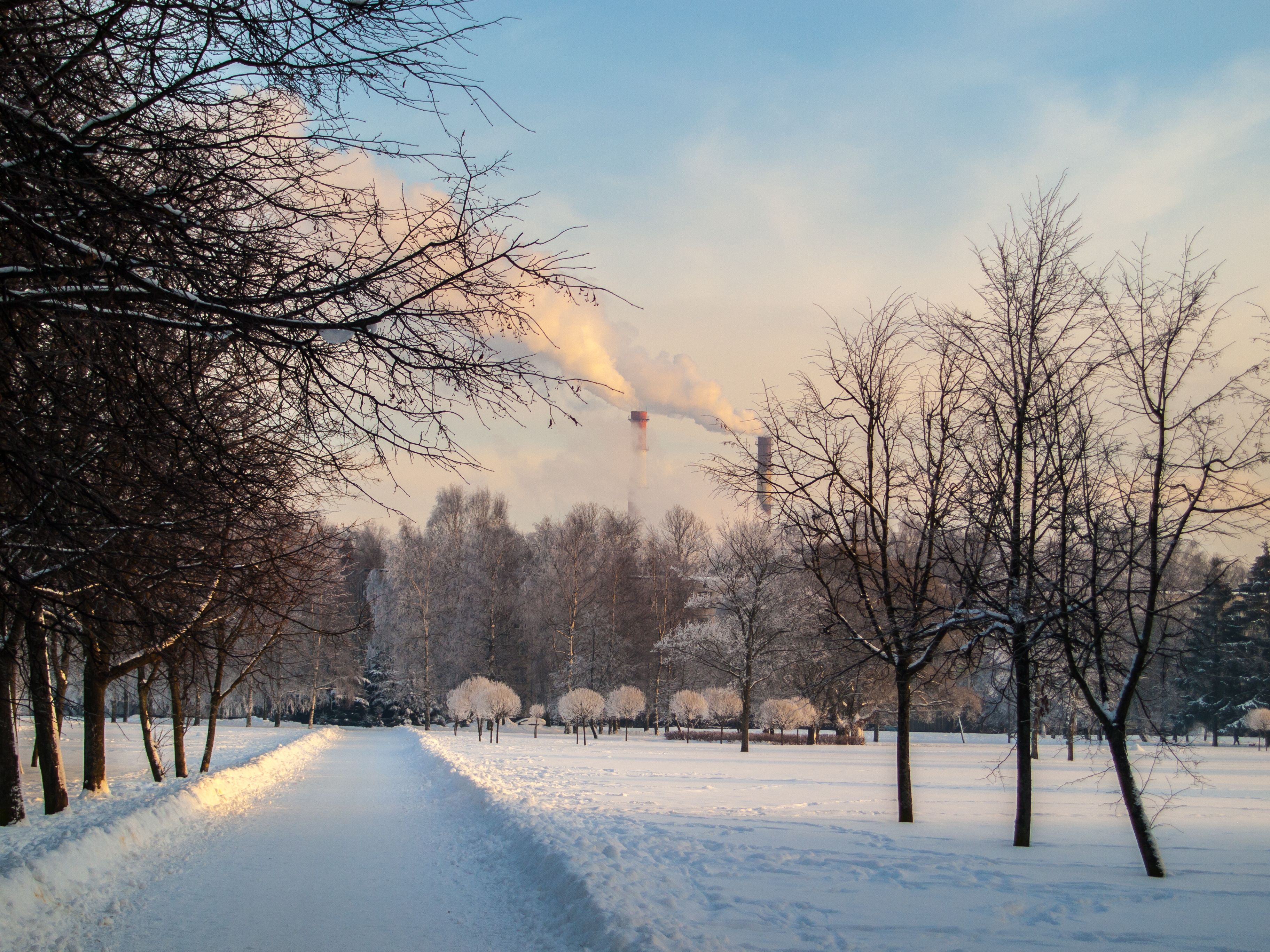 Snowy park scene with bare trees and industrial smokestacks on a cold winter day illustrating dry air sources.