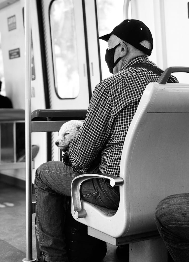 Black And White Photo Of Man Sitting In Train With Dog On Lap