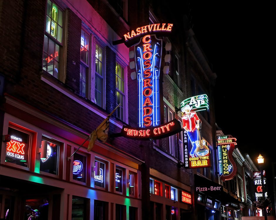 Free Neon Lights in Nashville City at Night  Stock Photo
