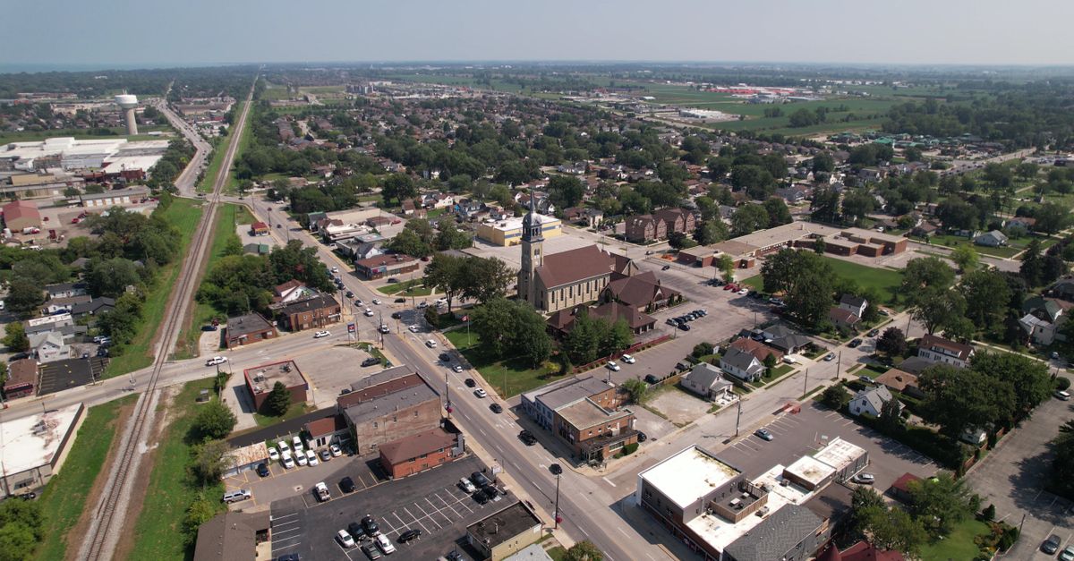 Aerial view of a suburban neighborhood in Windsor, Ontario during summer.