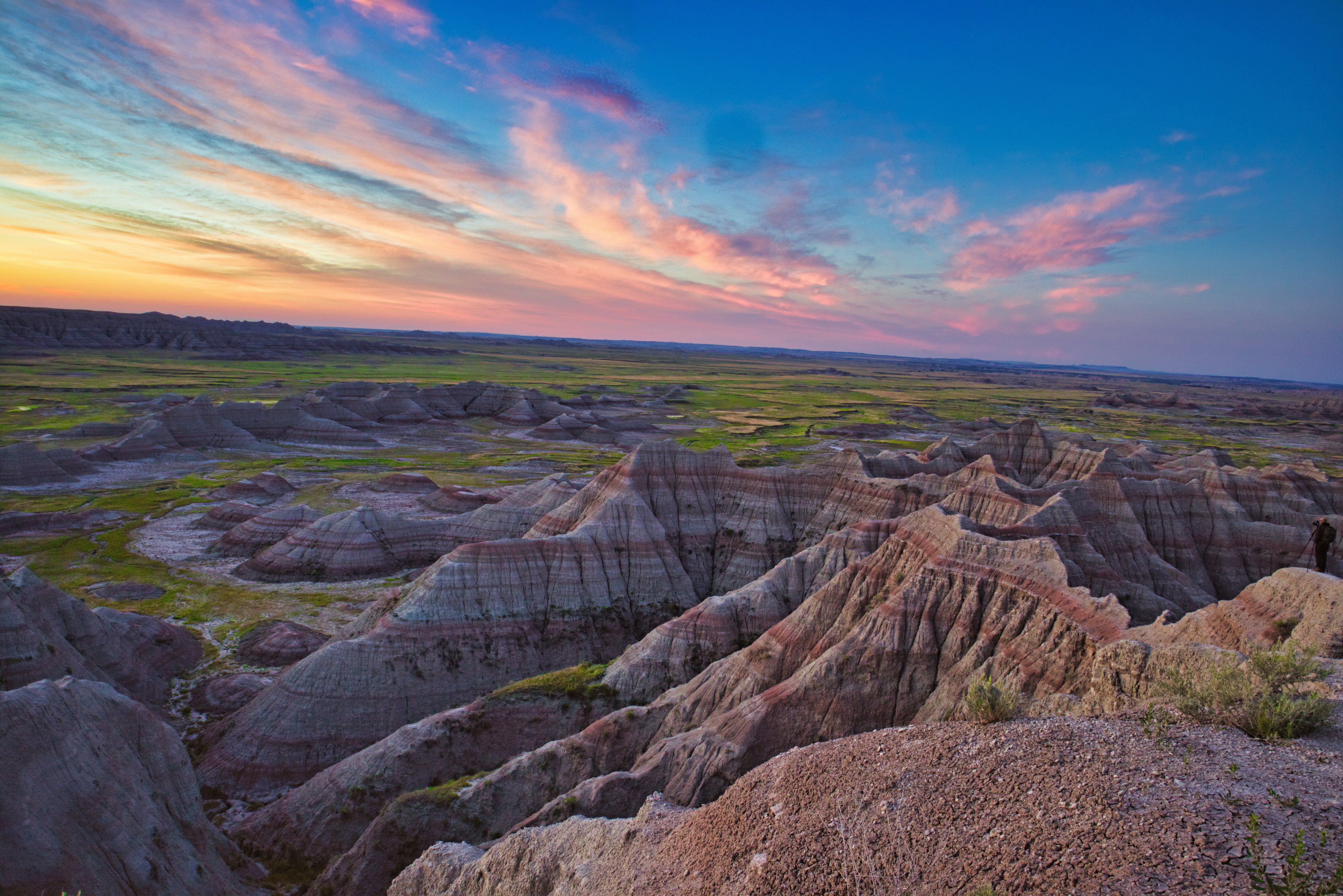 Stunning sunrise over the rock formations in Badlands National Park, South Dakota.