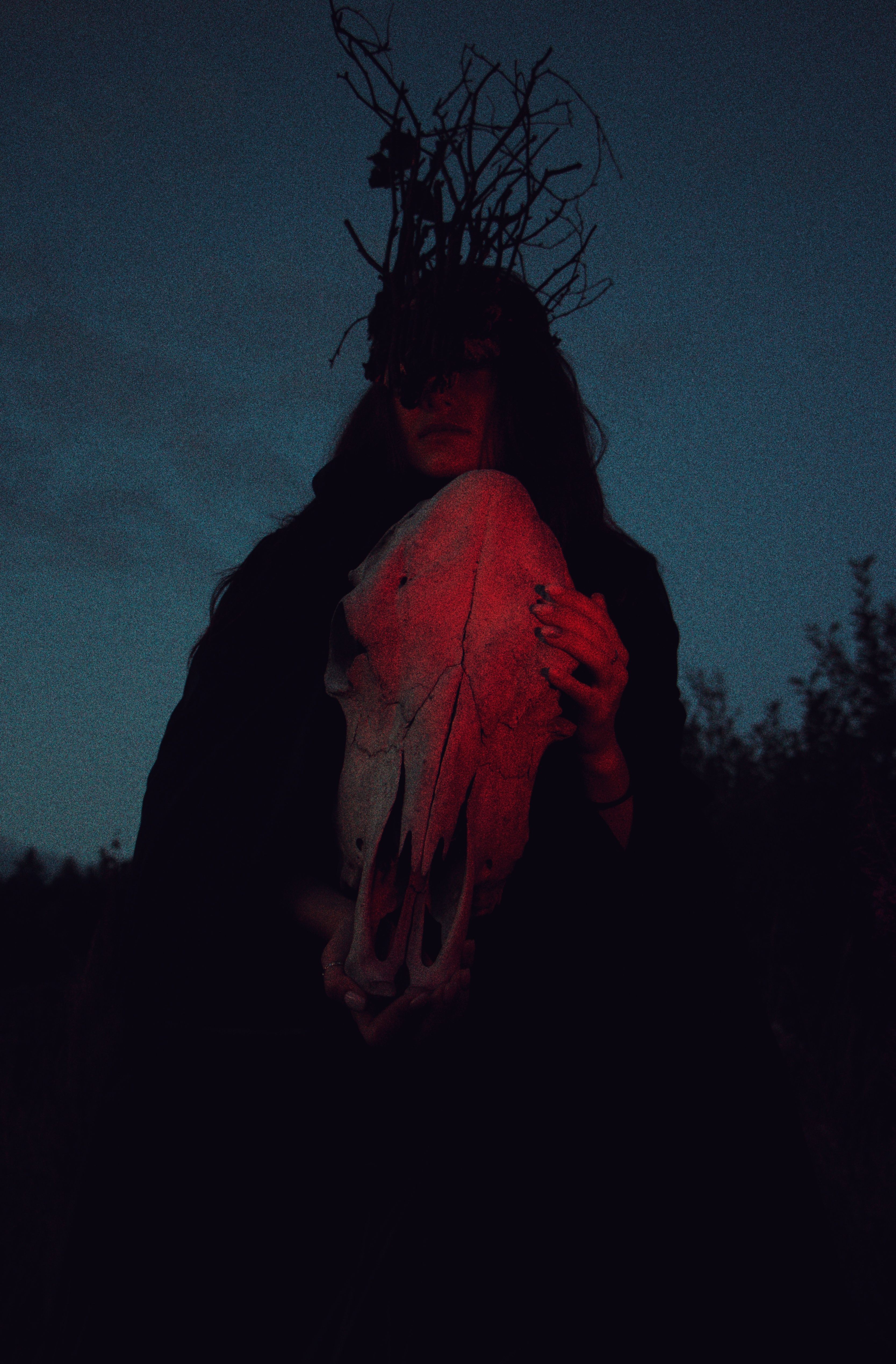 A mysterious figure holds a large animal skull in a dark, eerie outdoor setting under twilight.